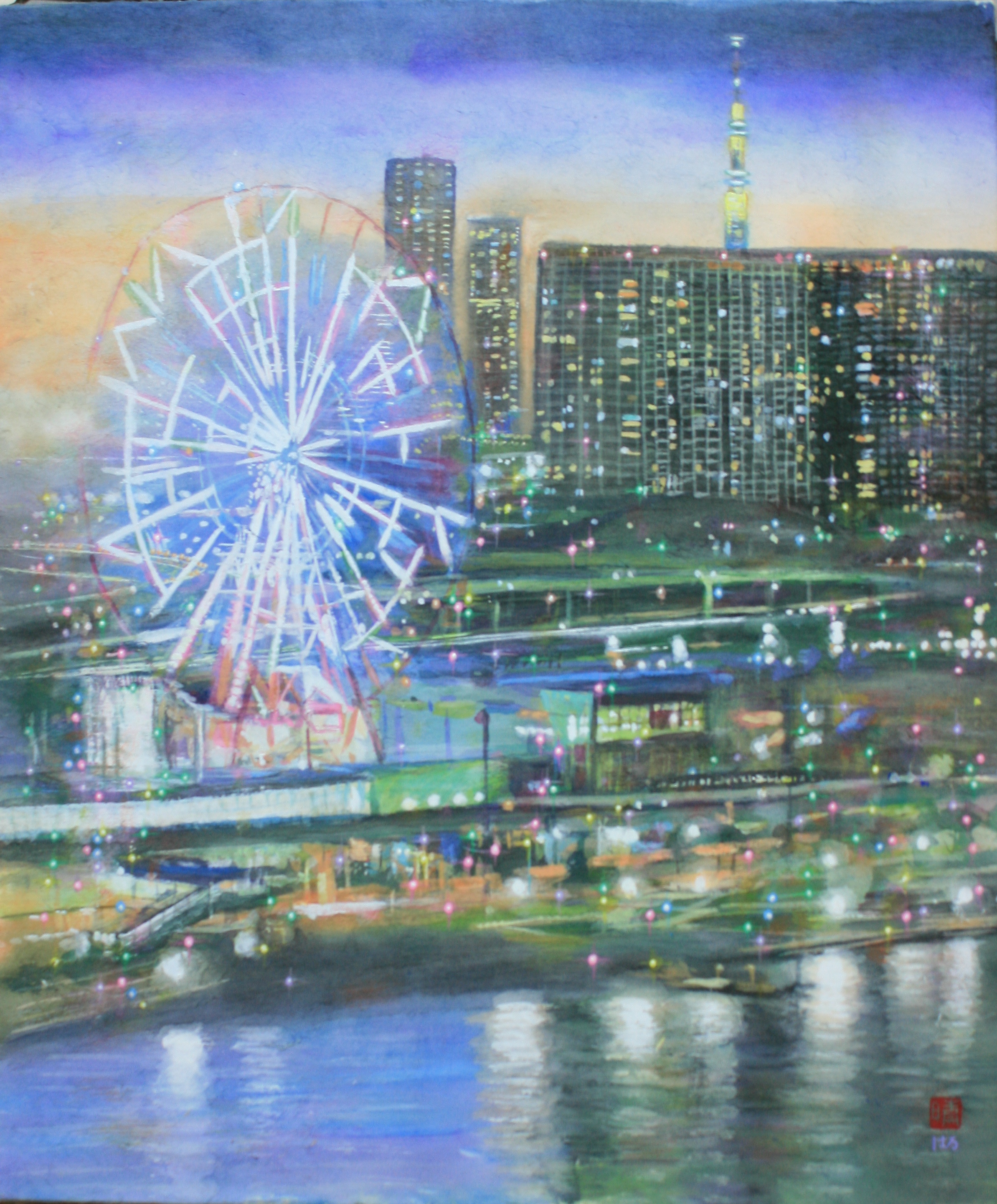 絵画 パレットタウンの大観覧車と東京スカイツリーの夜景