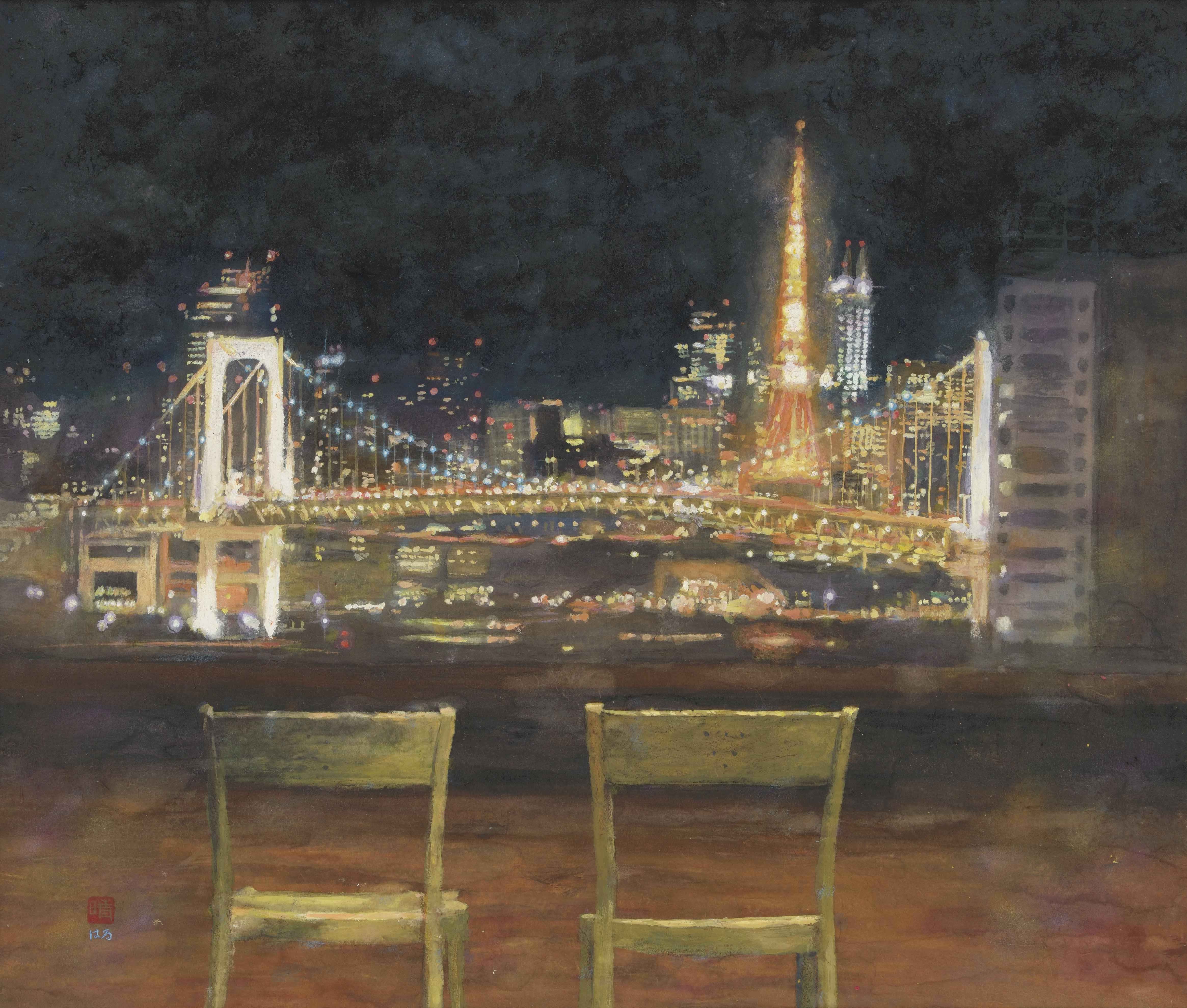 絵画 東京タワーとレインボーブリッジの夜景